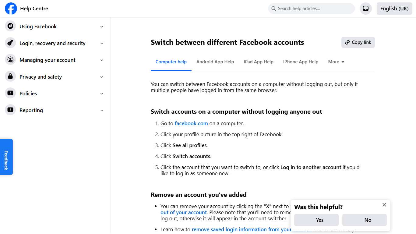Switch between different Facebook accounts Facebook Help Centre
